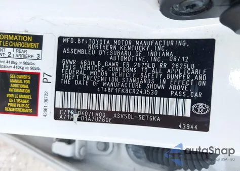 2012 Toyota Camry Xle из США, поврежденный, VIN 4T4BF1FK8CR243530